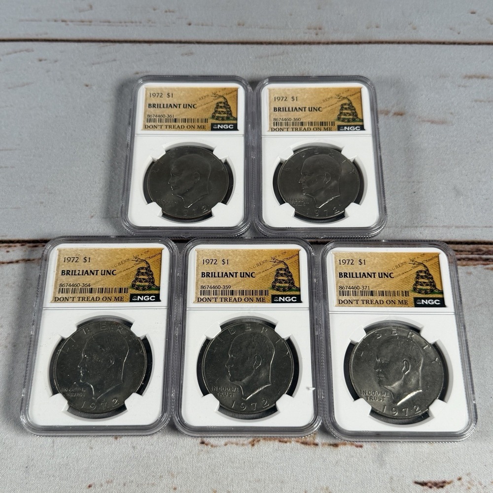 (5) 1972 Eisenhower Dollar Type 2 NGC Brilliant Unc (Don't Tread on Me Label) - Picture 1 of 8